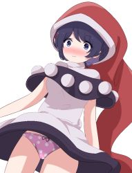 Rule 34 | 1girl, :3, bad id, bad pixiv id, black capelet, blue eyes, blue hair, blush, bow, bow panties, breasts, capelet, commentary, cowboy shot, doremy sweet, dress, hat, looking at viewer, medium breasts, nightcap, nose blush, panties, pantyshot, pink panties, polka dot, polka dot panties, pom pom (clothes), red hat, short hair, simple background, solo, standing, thighs, touhou, underwear, white background, white dress, yukome