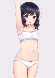 Rule 34 | 1girl, arm behind head, arms up, bare arms, bare shoulders, black hair, blue flower, blush, bow, bow bra, bow panties, bra, breasts, commentary request, fang, flower, fukumaru koito, grey background, hair flower, hair ornament, highres, idolmaster, idolmaster shiny colors, kanekan, looking at viewer, navel, open mouth, panties, red eyes, simple background, small breasts, solo, standing, training bra, twintails, underwear, underwear only, wavy hair, white bra, white flower, white panties