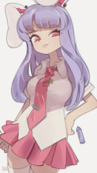 Rule 34 | animal ears, breasts, clenched hand, collared shirt, crayon, hand on own hip, highres, light smile, looking at viewer, medium breasts, necktie, onionsketch, pink eyes, pink necktie, pink skirt, purple hair, rabbit ears, rabbit girl, reisen udongein inaba, shirt, skirt, solo, touhou, white background