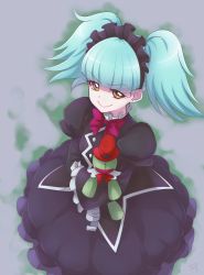 Rule 34 | &gt;:), 10s, 1girl, aqua hair, biburi (precure), black hairband, black shirt, black skirt, blunt bangs, bow, bowtie, bubble skirt, chocokin, closed mouth, doll, frilled hairband, frills, gothic lolita, grey background, hairband, hat, kirakira precure a la mode, lolita fashion, looking at viewer, precure, red bow, red bowtie, red hat, shirt, short hair, skirt, smile, solo, top hat, twintails, v-shaped eyebrows, yellow eyes