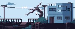Rule 34 | animated, animated gif, bird, blue sky, building, commentary, door, english commentary, japan, ladder, lennsan, no humans, original, power lines, railing, scenery, sky, stairs, train, tree, utility pole