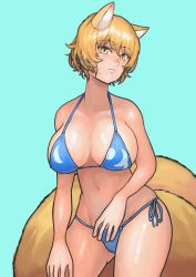 Rule 34 | 1girl, absurdres, animal ears, bikini, blonde hair, blue background, breasts, breasts apart, chanta (ayatakaoisii), cleavage, collarbone, cowboy shot, expressionless, groin, highres, large breasts, looking at viewer, multiple tails, navel, short hair, side-tie bikini bottom, simple background, solo, swimsuit, tail, touhou, yakumo ran, yellow eyes