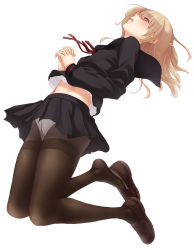 Rule 34 | 1girl, bad id, bad pixiv id, brown eyes, brown hair, f-cla, falling, feet, full body, glasses, legs, light brown hair, long hair, long sleeves, looking up, original, own hands clasped, own hands together, panties, panties under pantyhose, pantyhose, pantyshot, school uniform, shoe dangle, shoe loss, shoes, simple background, skirt, solo, tears, thighband pantyhose, underwear, upskirt, white background