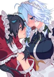 Rule 34 | 2girls, ahoge, black hair, blue eyes, blush, bow, braid, candy, chocolate, chocolate heart, commentary request, detached sleeves, eye contact, face-to-face, food, frilled hair tubes, frills, grey eyes, hair bow, hair tubes, hakurei reimu, heart, highres, himadera, izayoi sakuya, long hair, looking at another, maid headdress, mouth hold, multiple girls, red bow, red ribbon, ribbon, ribbon-trimmed sleeves, ribbon trim, silver hair, touhou, twin braids, twitter username, valentine, yuri
