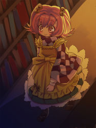 Rule 34 | 1girl, :&gt;, apron, bell, blush, book, checkered clothes, checkered shirt, clothes writing, culotte (hosenrock), female focus, hair bell, hair ornament, jingle bell, long sleeves, motoori kosuzu, red eyes, red hair, shirt, short hair, smile, solo, touhou, twintails, two side up, wide sleeves