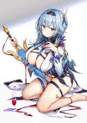 Rule 34 | 1girl, absurdres, bare legs, barefoot, between breasts, black nails, blue hair, breasts, center opening, cleavage, cup, drinking glass, eula (genshin impact), genshin impact, hairband, hand on own chest, highres, holding, holding sword, holding weapon, kiriko (araragikoyomi), kneeling, large breasts, long hair, looking at viewer, nail polish, navel, no pants, revealing clothes, reverse grip, shirt, simple background, solo, sword, thigh strap, thighs, vision (genshin impact), weapon, white background, white shirt, yellow eyes