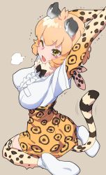Rule 34 | 1girl, animal ears, black bow, black bowtie, blonde hair, boots, bow, bowtie, brown hair, center frills, commentary request, elbow gloves, fang, frills, from behind, fur collar, gloves, green eyes, high-waist skirt, highres, jaguar (kemono friends), jaguar ears, jaguar girl, jaguar print, jaguar tail, kemono friends, multicolored hair, one eye closed, open mouth, ouma bunshichirou, print gloves, print skirt, print thighhighs, shirt, short hair, short sleeves, sitting, skirt, solo, stretching, tail, thighhighs, wariza, white footwear, white fur, white shirt, zettai ryouiki