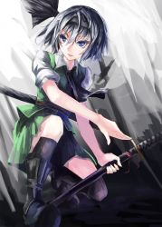 Rule 34 | 1girl, aruto2498, ascot, black footwear, black socks, blue eyes, boots, collared shirt, fighting stance, green skirt, green vest, grey hair, hair between eyes, hairband, highres, kneehighs, konpaku youmu, looking to the side, on one knee, open mouth, ready to draw, scabbard, sheath, shirt, short hair, skirt, socks, solo, thighs, touhou, vest, white shirt