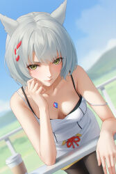 Rule 34 | 1girl, animal ears, breasts, camisole, cat ears, chest jewel, commentary, core crystal (xenoblade), english commentary, grey hair, highres, looking at viewer, mio (xenoblade), miura-n315, pantyhose, short hair, shoulder strap, simple background, skirt, small breasts, smile, solo, tank top, white camisole, white skirt, white tank top, xenoblade chronicles (series), xenoblade chronicles 3, yellow eyes