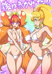 Rule 34 | 10s, 2girls, :d, amanogawa kirara, armpits, artist name, bikini, blonde hair, blunt bangs, bow, breasts, brown hair, cleavage, collarbone, covered erect nipples, cowboy shot, cure honey, cure twinkle, earrings, eyebrows, from side, go! princess precure, groin, hair bow, hair ornament, hand on own hip, happinesscharge precure!, happy, high ponytail, hip focus, holding hands, huge breasts, jewelry, joy ride, large breasts, legs apart, legs together, lens flare, long hair, looking at viewer, low-tied long hair, magical girl, micro bikini, multicolored hair, multiple girls, navel, oomori yuuko, open mouth, orange hair, parted bangs, pink hair, ponytail, precure, profile, purple eyes, quad tails, rainbow background, side-tie bikini bottom, sideboob, sidelocks, signature, skindentation, smile, sparkle, star (symbol), star earrings, streaked hair, swimsuit, twintails, underboob, v arms, very long hair, white bikini, yellow eyes