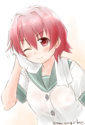 Rule 34 | 10s, 1girl, ;3, blush, breasts, buttons, eyebrows, kantai collection, kinu (kancolle), mae (maesanpicture), motion lines, one eye closed, red eyes, red hair, school uniform, serafuku, short hair, short sleeves, simple background, smile, solo, towel, towel around neck, twitter username, upper body