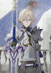 Rule 34 | 1boy, armor, blonde hair, breastplate, chainmail, chihuri, closed mouth, commentary request, earrings, final fantasy, final fantasy xiv, gauntlets, green eyes, hair between eyes, highres, jewelry, looking at viewer, male focus, pauldrons, pointy ears, railing, shoulder armor, snowing, solo, sword, upper body, weapon, zephirin de valhourdin