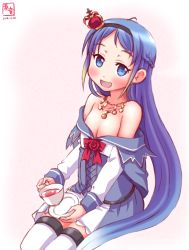 Rule 34 | 1girl, :d, absurdly long hair, alternate costume, bare shoulders, blue eyes, blue hair, corset, cosplay, crown, cup, dated, dress, flat chest, hairband, highres, jewelry, kanon (kurogane knights), kantai collection, long hair, looking at viewer, matching hair/eyes, mini crown, necklace, off-shoulder dress, off shoulder, open mouth, samidare (kancolle), sitting, sketch, smile, solo, teacup, very long hair, warspite (kancolle), warspite (kancolle) (cosplay)
