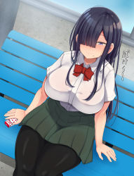 Rule 34 | 1girl, arms at sides, bench, black hair, black thighhighs, blush, bow, bowtie, breasts, closed mouth, emaason, embarrassed, female focus, from above, green skirt, hair over one eye, highres, huge breasts, kuronuma honoka, legs, legs together, long hair, looking away, mole, mole under mouth, original, outdoors, pleated skirt, purple eyes, red neckwear, school uniform, shirt, sitting, skirt, solo, sound effects, thighhighs, thighs, white shirt, window