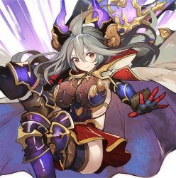 Rule 34 | 1girl, ahoge, armor, armpits, axe, black thighhighs, blush, breastplate, breasts, cloak, draph, granblue fantasy, greaves, grey hair, hair between eyes, horns, large breasts, long hair, looking at viewer, pupps, red eyes, red skirt, skirt, smile, solo, thighhighs, thighs, threo (granblue fantasy), very long hair, weapon, white cloak
