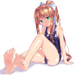 Rule 34 | 1girl, arm support, bare legs, bare shoulders, barefoot, blue one-piece swimsuit, blush, bow, breasts, brown hair, closed mouth, commentary request, doki doki literature club, feet, foot focus, green eyes, hair between eyes, hair bow, hand on own knee, head tilt, high ponytail, highres, long hair, monika (doki doki literature club), naka (cheeseyeast), one-piece swimsuit, ponytail, school swimsuit, small breasts, smile, soles, solo, swimsuit, toenails, very long hair, wet, white background, white bow