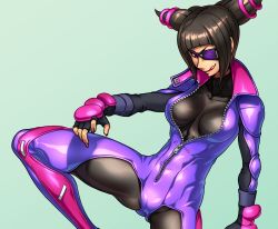 Rule 34 | 1girl, aozoraichi, aqua background, bodysuit, breasts, capcom, collarbone, evil smile, eyepatch, female focus, fingernails, han juri, looking at viewer, nail polish, smile, solo, standing, standing on one leg, street fighter, street fighter v, tongue, tongue out, unzipped, zipper