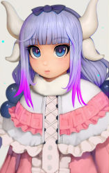 Rule 34 | 1girl, beads, black hairband, blue eyes, blunt bangs, blurry, blurry foreground, blush, capelet, depth of field, dragon girl, dragon horns, expressionless, hair ornament, hairband, highres, horns, kanna kamui, kobayashi-san chi no maidragon, long hair, randy (awesomevillage), solo, tail, twintails, upper body