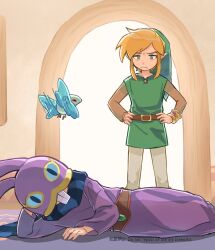 Rule 34 | 2boys, animal hood, annoyed, artist name, blonde hair, blue eyes, blue scarf, brown shirt, closed mouth, commentary, frown, green headwear, green tunic, hand up, hands on own hips, hat, highres, hood, hood up, leggings, link, long sleeves, looking at another, lying, male focus, multiple boys, nintendo, on side, pointy ears, purple robe, rabbit hood, ravio, robe, scarf, sheerow, shirt, short hair, sidelocks, standing, striped clothes, striped scarf, symbol-only commentary, the legend of zelda, the legend of zelda: a link between worlds, tok nuts, tunic, watermark