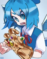 Rule 34 | 1girl, artist name, avengers: infinity war, avengers (series), blue bow, blue dress, blue eyes, blue hair, bow, cirno, clenched hand, commentary, cropped torso, dress, english commentary, grey background, hair bow, highres, ice, ice wings, infinity gauntlet, marvel, marvel cinematic universe, neck ribbon, onionsketch, open mouth, pinafore dress, puffy short sleeves, puffy sleeves, red ribbon, ribbon, shirt, short hair, short sleeves, simple background, sleeveless dress, solo, touhou, upper body, white shirt, wing collar, wings