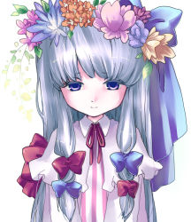 Rule 34 | 1girl, alternate hair color, bow, capelet, child, colorized, female focus, flower, hair bow, hair flower, hair ornament, long hair, multiple hair bows, myaaco, patchouli knowledge, purple eyes, ribbon, silver hair, solo, touhou