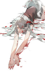 Rule 34 | 1girl, absurdres, animal ears, arknights, blood, blood in hair, blood on clothes, blood on face, blood on hands, blood splatter, blue eyes, commentary request, grey hair, highres, lappland (arknights), long hair, looking ahead, lying, on stomach, one eye closed, outstretched arms, parted lips, rui (woyoudabing rui), scar, scar across eye, simple background, solo, tail, v-shaped eyebrows, variant set, white background, wolf ears, wolf tail