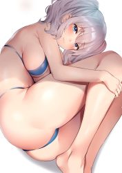 Rule 34 | 1girl, absurdres, ass, bad id, bad twitter id, barefoot, bikini, blue bikini, blue eyes, blush, breasts, highres, kantai collection, kashima (kancolle), large breasts, lips, long hair, shadow, silver hair, simple background, smile, solo, swimsuit, thighs, usa b, wavy hair, white background
