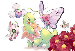 Rule 34 | :d, alternate color, bug, butterfly, butterfree, celebi, closed mouth, commentary request, creatures (company), cutiefly, flower, game freak, gen 1 pokemon, gen 2 pokemon, gen 7 pokemon, green eyes, happy, insect, jumpluff, legendary pokemon, meganium, mythical pokemon, nintendo, no humans, open mouth, pokemon, pokemon (creature), red flower, shiny pokemon, smile, standing, toneko, tongue, white background, yellow eyes