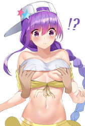Rule 34 | !?, 1girl, backwards hat, bandeau, bare shoulders, baseball cap, bb (fate), bb (fate) (all), bb (swimsuit mooncancer) (fate), bb (swimsuit mooncancer) (first ascension) (fate), blush, breasts, closed mouth, cropped jacket, disembodied hand, fate/grand order, fate (series), grabbing, grabbing another&#039;s breast, hat, hat ornament, highres, jacket, large breasts, long hair, navel, purple eyes, purple hair, simple background, star (symbol), star hat ornament, tsukise miwa, very long hair, white background, white headwear, yellow jacket