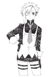 Rule 34 | 1girl, closed mouth, cropped jacket, ear piercing, gloves, greyscale, hand on own hip, highres, jacket, leo (reiga), looking at viewer, monochrome, necktie, one eye closed, open clothes, open jacket, original, piercing, reiga (act000), short shorts, shorts, simple background, solo, thigh strap, white background, wing collar