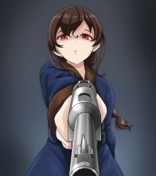 Rule 34 | 1girl, blue coat, braid, brown hair, coat, from below, gun, handgun, holding, holding gun, holding weapon, kantai collection, long hair, long sleeves, red eyes, single braid, solo, souya (kancolle), tk8d32, upper body, weapon
