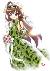 Rule 34 | 1girl, :d, ahoge, bouquet, bride, brown hair, camouflage, camouflage dress, dress, ebifly, elbow gloves, flower, gloves, green dress, green gloves, hairband, headgear, holding, holding bouquet, kantai collection, kongou (kancolle), long hair, looking at viewer, open mouth, pink flower, pink rose, purple eyes, rose, signature, simple background, smile, solo, standing, very long hair, wedding dress, white background