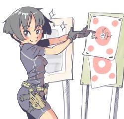 Rule 34 | 1girl, bob cut, breasts, glock, gun, handgun, highres, holster, jarv, pistol, pointing, small breasts, smile, solo, sparkle, target, weapon
