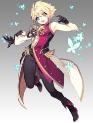 Rule 34 | 1boy, :d, asymmetrical clothes, black footwear, black gloves, black pants, blonde hair, blue eyes, bug, butterfly, chung seiker, elsword, full body, gloves, gradient background, grey background, insect, male focus, open mouth, pants, pika (kai9464), shoes, smile, solo