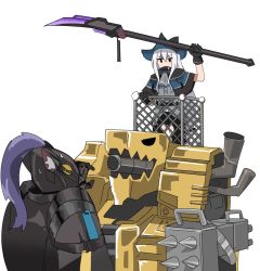 Rule 34 | 1boy, 1girl, arknights, arm belt, armor, ascot, belt, big ugly (arknights), black belt, black capelet, black cloak, black gloves, black headwear, black pants, breastplate, breasts, capelet, cloak, clothing cutout, commentary, full armor, gloves, grey ascot, grey shirt, hair between eyes, hat, helmet, holding, holding polearm, holding spear, holding weapon, kumamoto aichi, long hair, looking at viewer, low-tied long hair, mecha, medium breasts, pants, pauldrons, plume, polearm, red eyes, robot, shirt, shoulder armor, silver hair, simple background, skadi (arknights), spear, thigh cutout, thighs, very long hair, weapon, white background