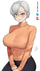 Rule 34 | 1girl, breasts, commentary, commission, damobelmont, grey eyes, grey hair, grin, highres, large breasts, long sleeves, looking at viewer, orange sweater, original, parted lips, patreon logo, ribbed sweater, short hair, simple background, smile, solo, sweater, turtleneck, turtleneck sweater, twitter logo, white background