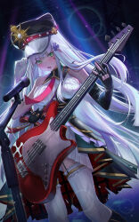 Rule 34 | 1girl, absurdres, asymmetrical gloves, black gloves, blush, breasts, clukay (aflame accent) (neural cloud), clukay (neural cloud), cross hair ornament, elbow gloves, electric guitar, fang, girls&#039; frontline, girls&#039; frontline neural cloud, gloves, guitar, hair ornament, hat, highres, hk416 (girls&#039; frontline), holding, holding guitar, holding instrument, instrument, microphone, microphone stand, mismatched gloves, necktie, official alternate costume, open mouth, red necktie, skin fang, solo, thighhighs, uneven gloves, user fnrt4358, white gloves, white hair, white thighhighs