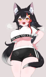 Rule 34 | 1girl, :d, animal ear fluff, animal ears, arm at side, black hair, black shorts, blush, breasts, character name, chestnut mouth, clothes writing, commentary request, cowboy shot, crop top, crop top overhang, cropped shirt, curvy, double-parted bangs, flipped hair, grey background, grey hair, groin, hair ornament, hairclip, hand on own hip, highres, hololive, hololive dance practice uniform, kani bonara, large breasts, long hair, looking at viewer, midriff, multicolored hair, navel, no bra, official alternate costume, ookami mio, open mouth, red hair, shirt, short shorts, shorts, sidelocks, simple background, smile, solo, spiked hair, steaming body, streaked hair, sweat, t-shirt, tail, tail around own leg, tail wrap, thick thighs, thighs, underboob, very long hair, very sweaty, virtual youtuber, white shirt, wolf ears, wolf girl, wolf tail, workout clothes, yellow eyes