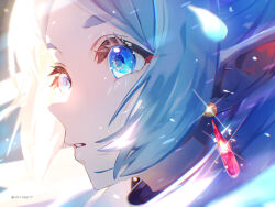 Rule 34 | 1girl, artist name, backlighting, blue eyes, cape, close-up, commentary request, dangle earrings, earrings, elf, eye focus, eyelashes, frieren, from side, highres, jewelry, long hair, motion blur, nico eggroll, parted lips, pointy ears, refraction, solo, sousou no frieren, sparkling eyes, thick eyebrows, twintails, twitter username, white cape