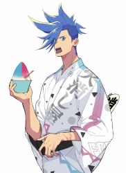 Rule 34 | asymmetrical hair, bad id, bad twitter id, blue eyes, blue hair, food, galo thymos, highres, japanese clothes, looking at viewer, male focus, pro ur sumi, promare, shaved ice, sidecut, solo, tongue, tongue out, undercut, white background