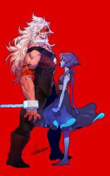 Rule 34 | 2girls, angry, barefoot, blue hair, blue skin, chain, colored skin, dress, eye contact, highres, jasper (steven universe), lapis lazuli (steven universe), looking at another, multiple girls, muscular, orange skin, pigeon666, simple background, size difference, sleeveless, steven universe, toned