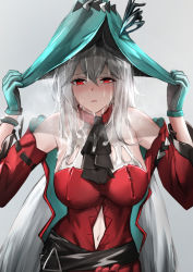Rule 34 | 1girl, aqua gloves, aqua hat, arknights, blush, breasts, clothing cutout, cum, cum on hair, facial, female focus, gloves, hat, highres, krirk, large breasts, long hair, looking at viewer, official alternate costume, open mouth, red eyes, silver hair, skadi, skadi (arknights), skadi the corrupting heart (arknights), solo