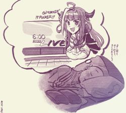 Rule 34 | 021 shiro, 1girl, 1other, ahoge, asacoco, bed, blunt bangs, blush, bow, braid, breasts, brooch, catchphrase, cleavage, cleavage cutout, closed eyes, clothing cutout, collared shirt, cropped torso, diagonal-striped bow, dragon girl, dragon horns, dreaming, english text, fake tail, fang, greyscale, hairband, highres, hololive, horn bow, horn ornament, horns, jacket, jewelry, kiryu coco, kiryu coco (1st costume), long hair, long sleeves, looking at viewer, lying, monochrome, multicolored hair, on bed, on side, open mouth, pillow, profanity, ryoushi chicken soup grass big chungus, shirt, side braid, sidelocks, simple background, single braid, skin fang, sleeping, streaked hair, striped, striped bow, stuffed toy, tail, timestamp, translated, twitter username, under covers, upper body, v-shaped eyebrows, virtual youtuber, yellow background