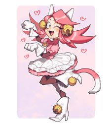 Rule 34 | 1girl, animal ears, bell, black thighhighs, boots, breasts, cat ears, cat tail, gloves, hair bell, hair ornament, high heel boots, high heels, mad mew mew, magical girl, medium breasts, one eye closed, pink hair, skirt, solo focus, tail, thighhighs, twintails, undertale, white gloves, white heels, wink