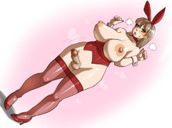 Rule 34 | 1futa, animal ears, bare shoulders, blush, bottomless, breasts, brown hair, censored, cleavage, doomcomic, dutch angle, erection, fake animal ears, flying sweatdrops, futanari, green eyes, high heels, large breasts, leotard, long hair, mosaic censoring, nipples, open mouth, original, penis, playboy bunny, rabbit ears, red footwear, red thighhighs, sex toy, solo, testicles, thighhighs, tongue, tongue out, topless, urethral beads, wrist cuffs