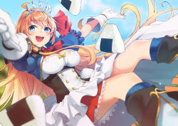 Rule 34 | 1girl, :d, ahoge, ascot, blue eyes, blue socks, blue sky, blurry, boots, breasts, cleavage, commentary request, day, depth of field, dress, dutch angle, food, foreshortening, gloves, highres, kneehighs, long hair, looking at viewer, medium breasts, onigiri, open mouth, orange hair, outstretched arms, pecorine (princess connect!), princess connect!, retsuna, short sleeves, sitting, sky, smile, socks, solo, tiara, very long hair, white gloves, wing collar