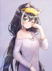 Rule 34 | 1girl, ;o, absurdres, animal ear fluff, animal ears, bare shoulders, black hair, blush, bow, breasts, cat ears, cleavage, green eyes, hair bow, highres, karyl (princess connect!), long hair, low twintails, one eye closed, open mouth, pajamas, princess connect!, shinzousan, sleep mask, twintails, waking up