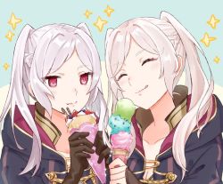 Rule 34 | 2girls, closed eyes, closed mouth, eating, fire emblem, fire emblem awakening, food, gloves, grima (fire emblem), holding, hood, hood down, ice cream, ice cream cone, licking lips, menoko, multiple girls, nintendo, red eyes, robin (female) (fire emblem), robin (fire emblem), simple background, tongue, tongue out, twintails, upper body, white hair