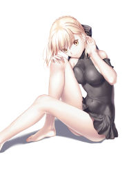 Rule 34 | 1girl, adjusting hair, arm garter, artoria pendragon (all), artoria pendragon (alter swimsuit rider) (first ascension) (fate), artoria pendragon (fate), bare legs, bare shoulders, barefoot, black bow, black one-piece swimsuit, blonde hair, bow, braid, breast press, breasts, casual one-piece swimsuit, covered erect nipples, covered navel, fate/stay night, fate (series), feet, hair bow, hand in own hair, highres, invisible chair, knees up, kukuri (ahagon), legs, long legs, looking at viewer, medium breasts, official alternate costume, one-piece swimsuit, saber (fate), saber alter, short hair, simple background, sitting, skin tight, solo, swimsuit, toes, tsurime, white background, yellow eyes
