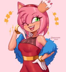 Rule 34 | 1girl, absurdres, alternate costume, amy rose, artist name, cake, dated, dress, feather boa, food, furry, furry female, gloves, hand on own hip, highres, nirefuster, one eye closed, open mouth, pink background, red dress, simple background, solo, sonic (series), teeth, the murder of sonic the hedgehog, watermark, white gloves